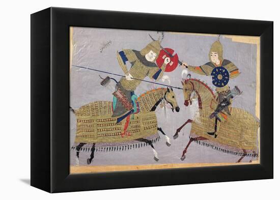 Two Warriors on Horseback in Combat, School of Tabriz, circa 1480-null-Framed Premier Image Canvas