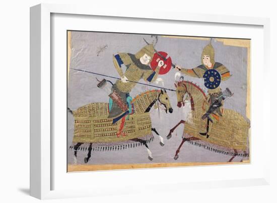 Two Warriors on Horseback in Combat, School of Tabriz, circa 1480-null-Framed Giclee Print