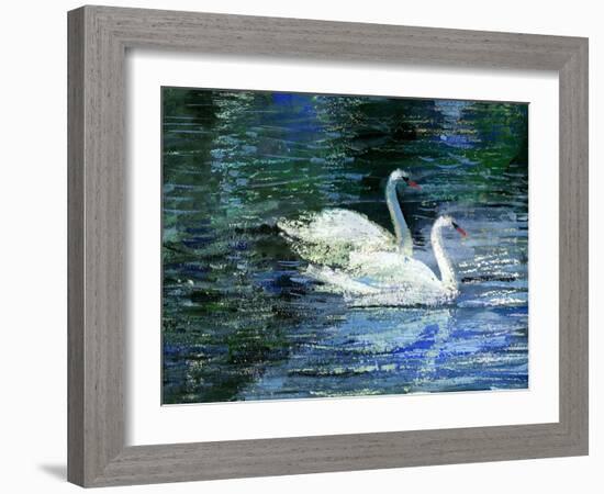 Two White Swans On Lake-balaikin2009-Framed Art Print