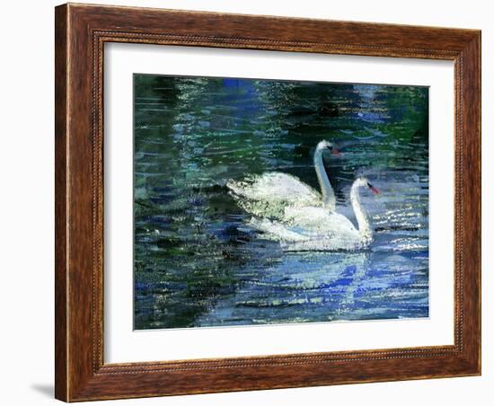 Two White Swans On Lake-balaikin2009-Framed Art Print