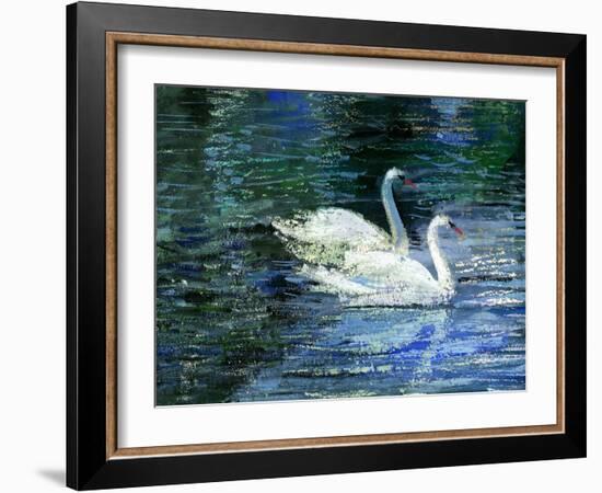 Two White Swans On Lake-balaikin2009-Framed Art Print