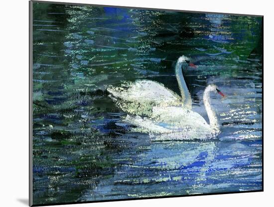 Two White Swans On Lake-balaikin2009-Mounted Art Print