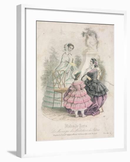 Two Women and a Child Wearing the Latest Fashions in a Garden Setting,1858-null-Framed Giclee Print