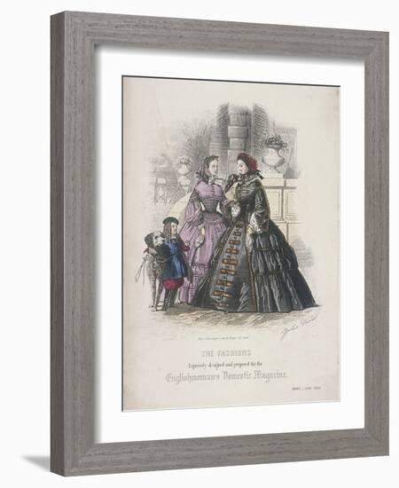 Two Women and a Child with a Dog Wearing the Latest Fashions, 1860-Jules David-Framed Giclee Print