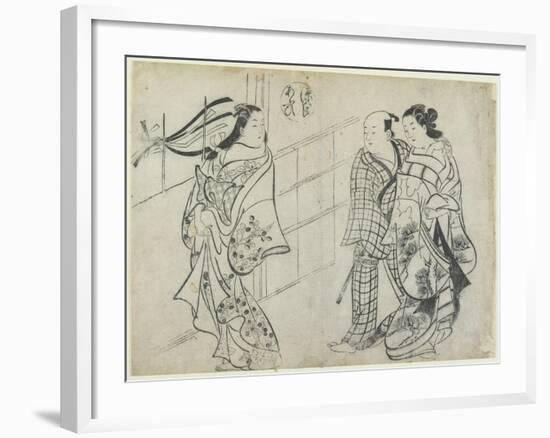 Two Women and a Man as Mitate of the Aoi's Story from the Tale of Genji, Early 18th Century-Okumura Masanobu-Framed Giclee Print