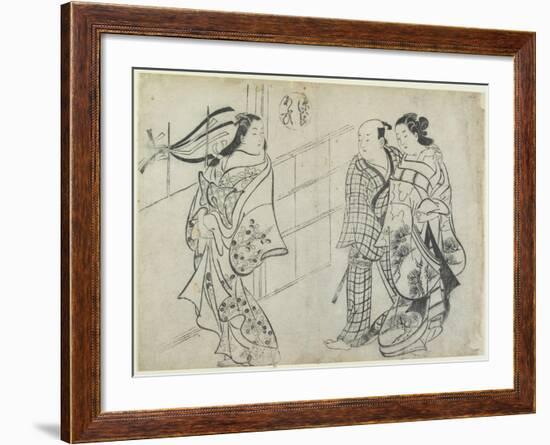 Two Women and a Man as Mitate of the Aoi's Story from the Tale of Genji, Early 18th Century-Okumura Masanobu-Framed Giclee Print