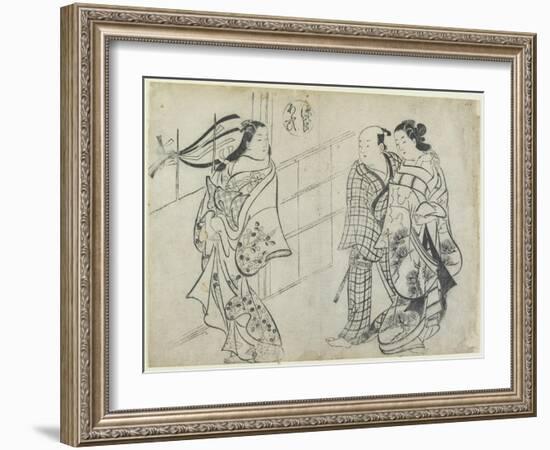 Two Women and a Man as Mitate of the Aoi's Story from the Tale of Genji, Early 18th Century-Okumura Masanobu-Framed Giclee Print