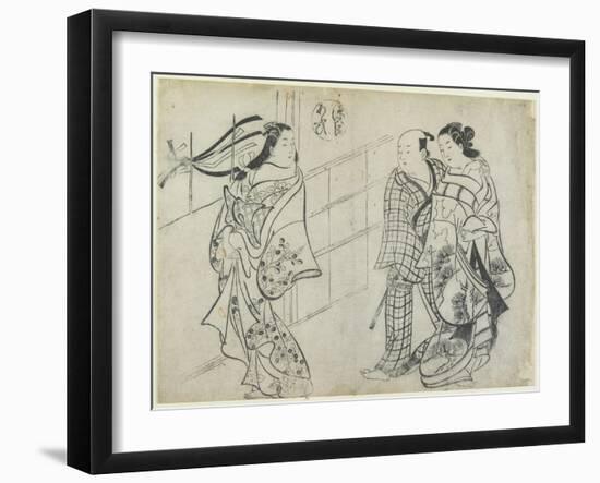 Two Women and a Man as Mitate of the Aoi's Story from the Tale of Genji, Early 18th Century-Okumura Masanobu-Framed Giclee Print