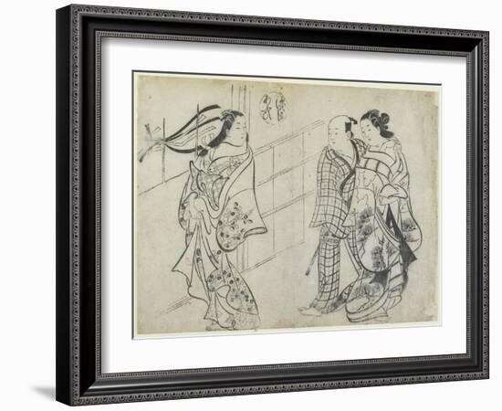 Two Women and a Man as Mitate of the Aoi's Story from the Tale of Genji, Early 18th Century-Okumura Masanobu-Framed Giclee Print