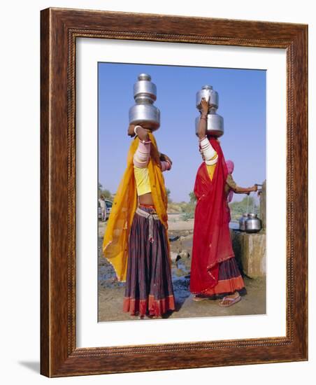 Two Women by a Well Carrying Water Pots, Barmer, Rajasthan, India-Bruno Morandi-Framed Photographic Print