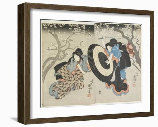 (Two Women Fighting under Cherry Tree, a Scene from a Kabuki Play), 1847-1852-Utagawa Kuniyoshi-Framed Giclee Print