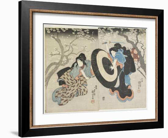 (Two Women Fighting under Cherry Tree, a Scene from a Kabuki Play), 1847-1852-Utagawa Kuniyoshi-Framed Giclee Print