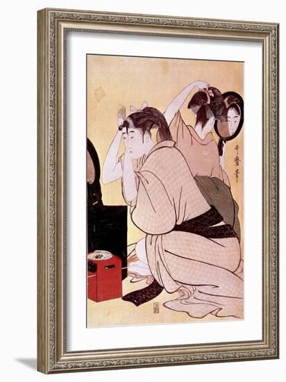 Two Women Have their Hairstyles: One Looks at Herself at the Miroi While the Other Combs Japanese P-Kitagawa Utamaro-Framed Giclee Print