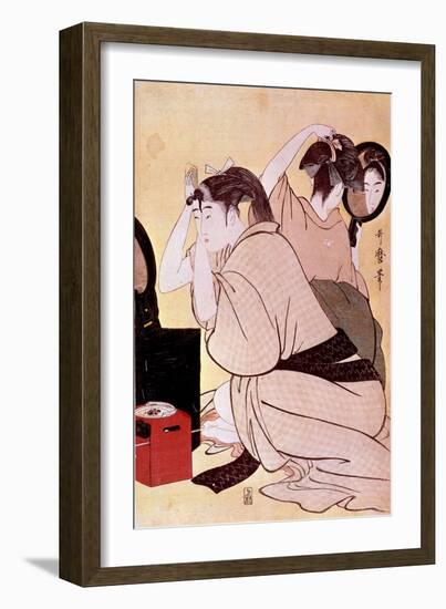 Two Women Have their Hairstyles: One Looks at Herself at the Miroi While the Other Combs Japanese P-Kitagawa Utamaro-Framed Giclee Print