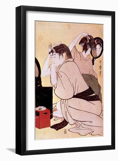 Two Women Have their Hairstyles: One Looks at Herself at the Miroi While the Other Combs Japanese P-Kitagawa Utamaro-Framed Giclee Print