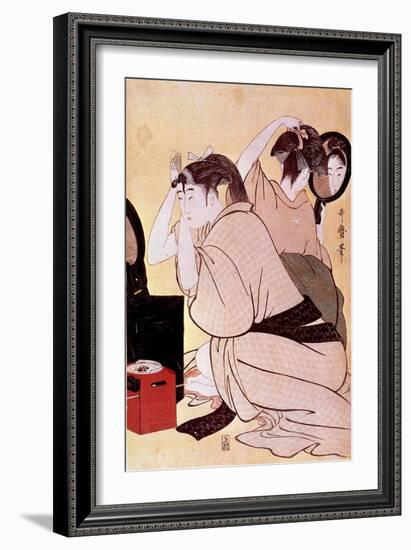 Two Women Have their Hairstyles: One Looks at Herself at the Miroi While the Other Combs Japanese P-Kitagawa Utamaro-Framed Giclee Print