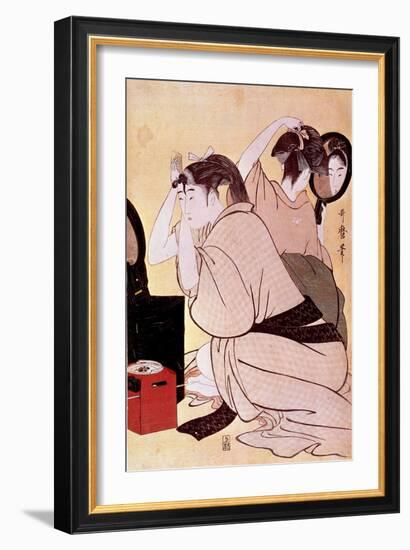 Two Women Have their Hairstyles: One Looks at Herself at the Miroi While the Other Combs Japanese P-Kitagawa Utamaro-Framed Giclee Print