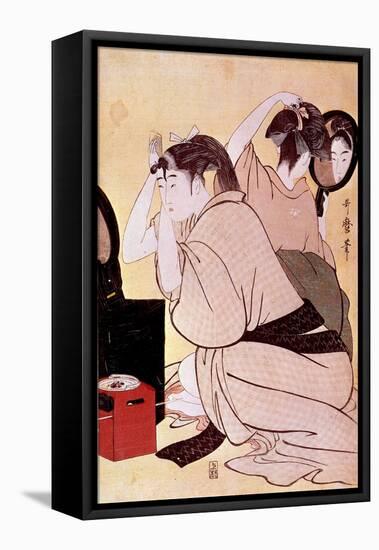 Two Women Have their Hairstyles: One Looks at Herself at the Miroi While the Other Combs Japanese P-Kitagawa Utamaro-Framed Premier Image Canvas