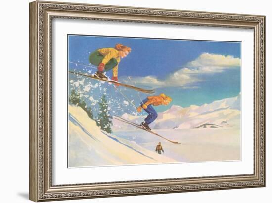 Two Women on Skis Leaping over the Snow-null-Framed Art Print