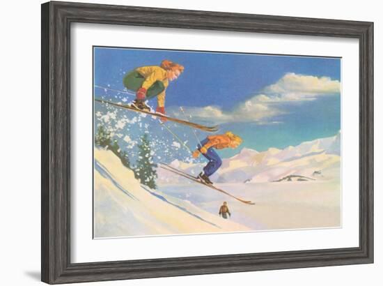 Two Women on Skis Leaping over the Snow-null-Framed Art Print