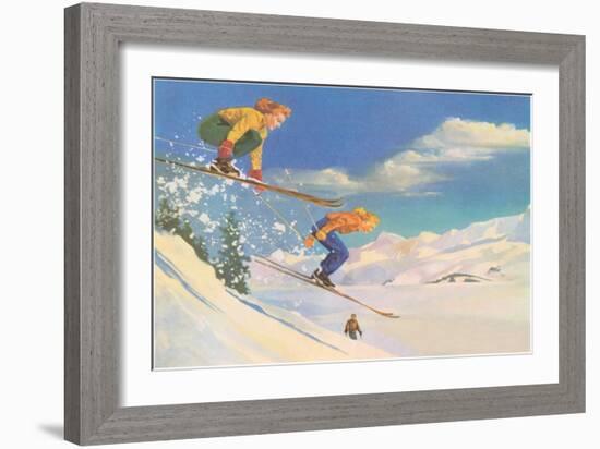 Two Women on Skis Leaping over the Snow-null-Framed Art Print