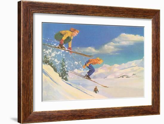 Two Women on Skis Leaping over the Snow-null-Framed Art Print