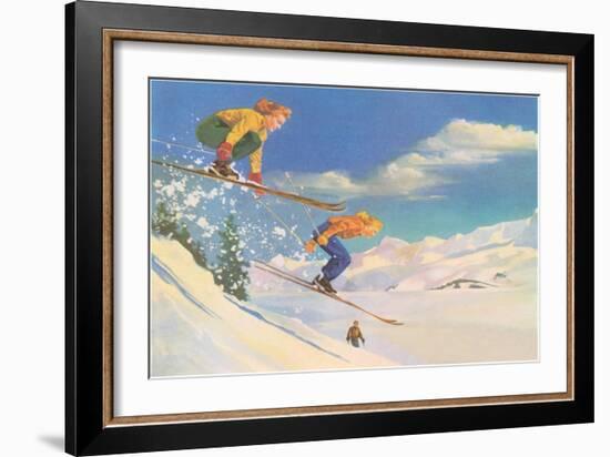 Two Women on Skis Leaping over the Snow-null-Framed Art Print