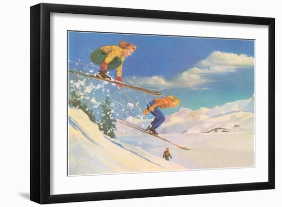 Two Women on Skis Leaping over the Snow-null-Framed Art Print