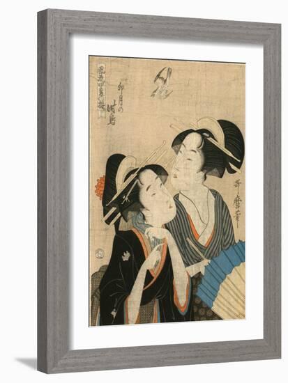 Two Women, One with an Umbrella, Watching a Hawk-null-Framed Art Print