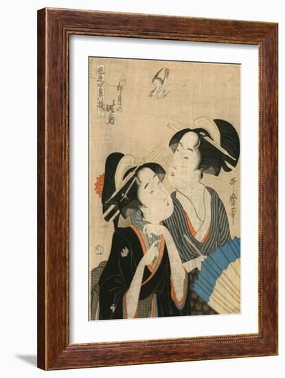 Two Women, One with an Umbrella, Watching a Hawk-null-Framed Art Print