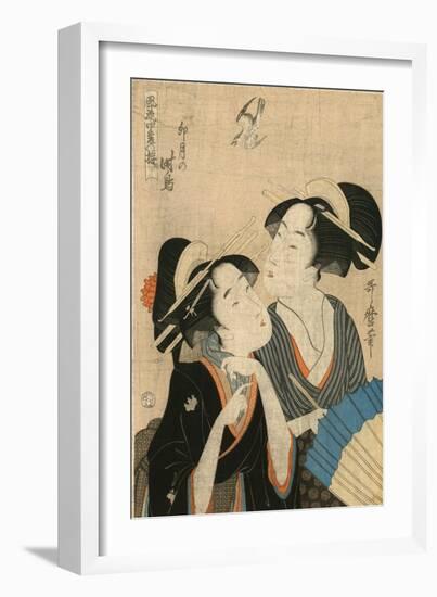 Two Women, One with an Umbrella, Watching a Hawk-null-Framed Art Print