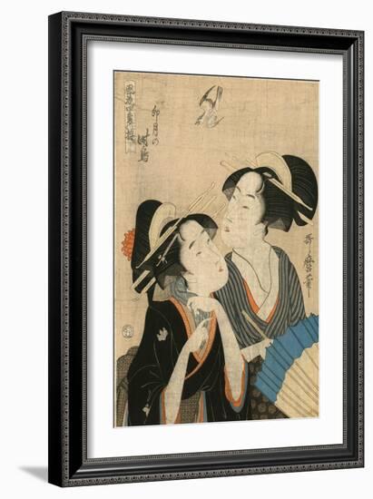 Two Women, One with an Umbrella, Watching a Hawk-null-Framed Art Print