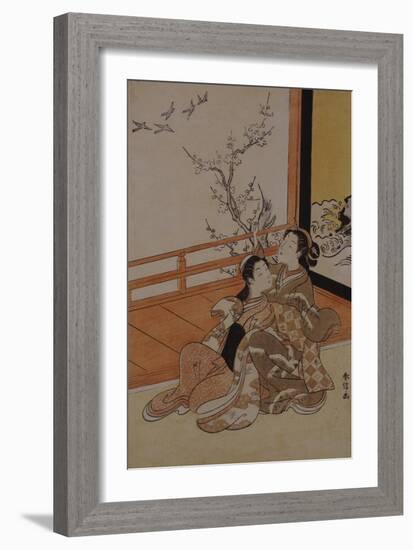 Two Women Seated by a Verandah, One Pointing at Geese in Flight Beyond a Flowering Plum Tree-Suzuki Harunobu-Framed Giclee Print