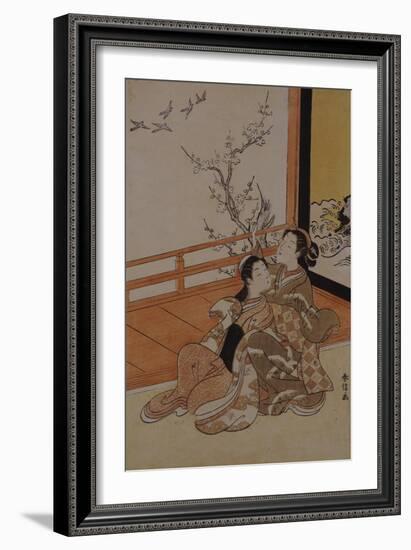 Two Women Seated by a Verandah, One Pointing at Geese in Flight Beyond a Flowering Plum Tree-Suzuki Harunobu-Framed Giclee Print