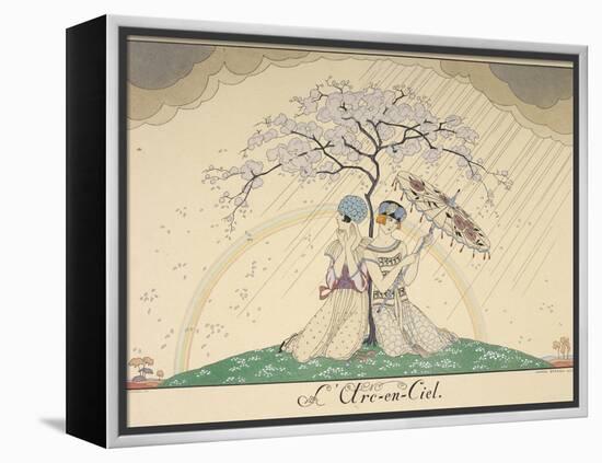 Two women sheltering from the rain, under a tree, a rainbow in the background-Georges Barbier-Framed Premier Image Canvas