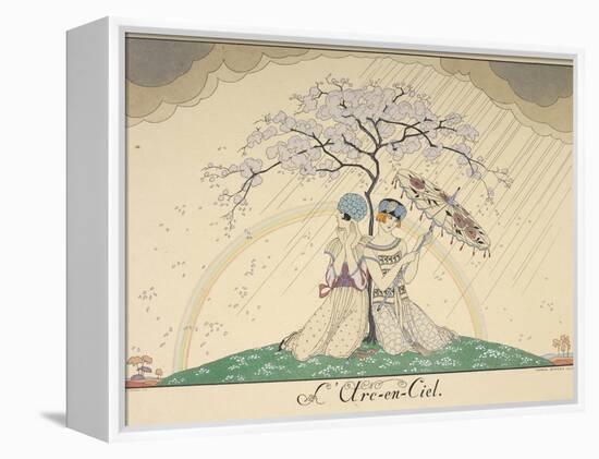 Two women sheltering from the rain, under a tree, a rainbow in the background-Georges Barbier-Framed Premier Image Canvas