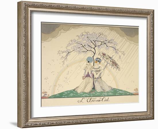 Two women sheltering from the rain, under a tree, a rainbow in the background-Georges Barbier-Framed Giclee Print