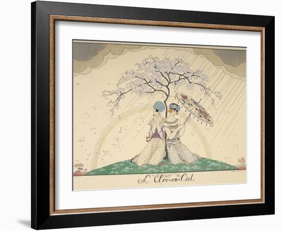 Two women sheltering from the rain, under a tree, a rainbow in the background-Georges Barbier-Framed Giclee Print