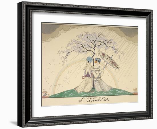 Two women sheltering from the rain, under a tree, a rainbow in the background-Georges Barbier-Framed Giclee Print