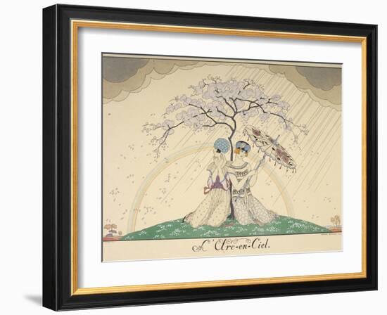 Two women sheltering from the rain, under a tree, a rainbow in the background-Georges Barbier-Framed Giclee Print