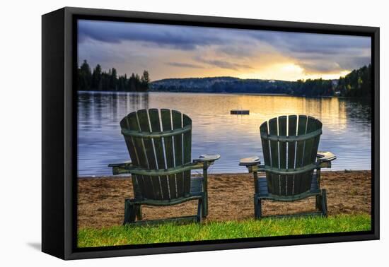 Two Wooden Chairs on Beach of Relaxing Lake at Sunset. Algonquin Provincial Park, Canada.-elenathewise-Framed Premier Image Canvas