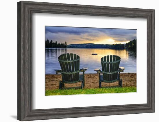 Two Wooden Chairs on Beach of Relaxing Lake at Sunset. Algonquin Provincial Park, Canada.-elenathewise-Framed Photographic Print