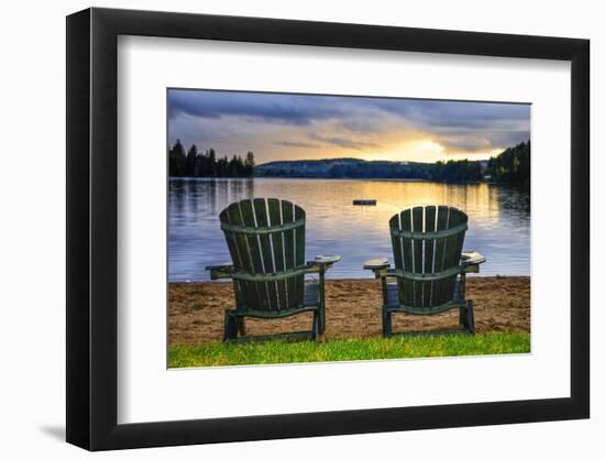 Two Wooden Chairs on Beach of Relaxing Lake at Sunset. Algonquin Provincial Park, Canada.-elenathewise-Framed Photographic Print