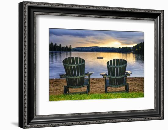 Two Wooden Chairs on Beach of Relaxing Lake at Sunset. Algonquin Provincial Park, Canada.-elenathewise-Framed Photographic Print