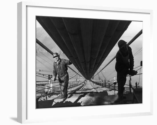 Two Workmen Adding Last Two Strands to Enormous Cables that Supports 6 Lane Golden Gate Bridge-Peter Stackpole-Framed Photographic Print