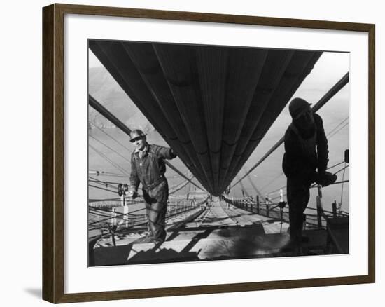 Two Workmen Adding Last Two Strands to Enormous Cables that Supports 6 Lane Golden Gate Bridge-Peter Stackpole-Framed Photographic Print