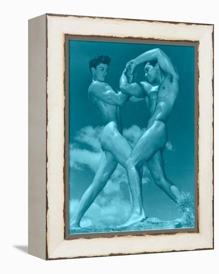 Two Wrestling Muscle Men in Blue Tint-null-Framed Stretched Canvas