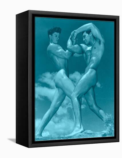 Two Wrestling Muscle Men in Blue Tint-null-Framed Stretched Canvas