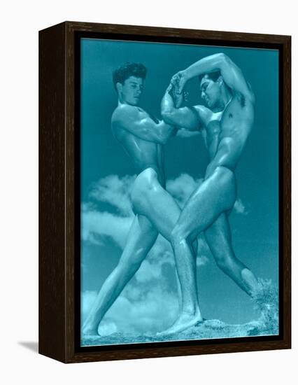 Two Wrestling Muscle Men in Blue Tint-null-Framed Stretched Canvas