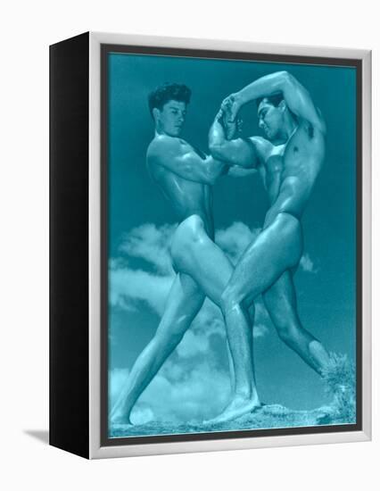 Two Wrestling Muscle Men in Blue Tint-null-Framed Stretched Canvas